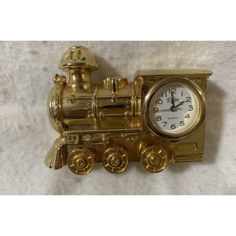 Vintage "Elgin" Gold Tone Locomotive Mini Clock-Battery Quartz - Preowned